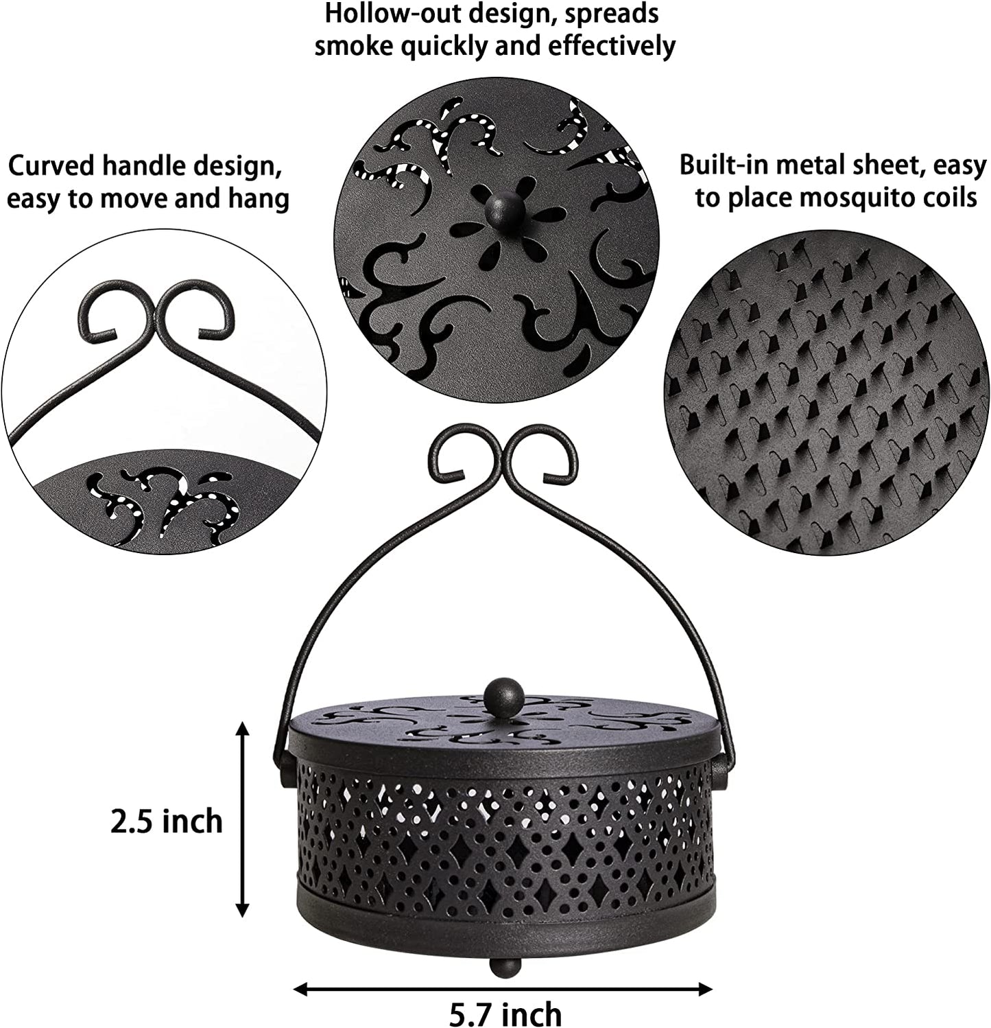 Mosquito Coil Holder, Retro Portable Mosquito Incense Burner for Home and Camping (Black)