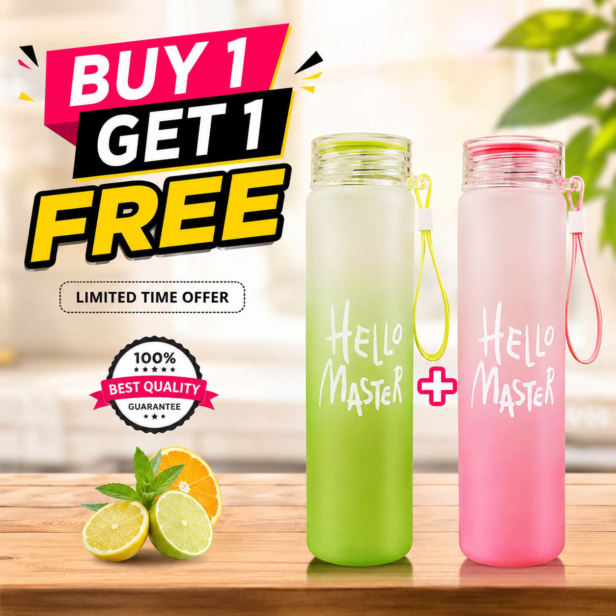 Hello Master Glass Water Bottle for School College Office 480 ml