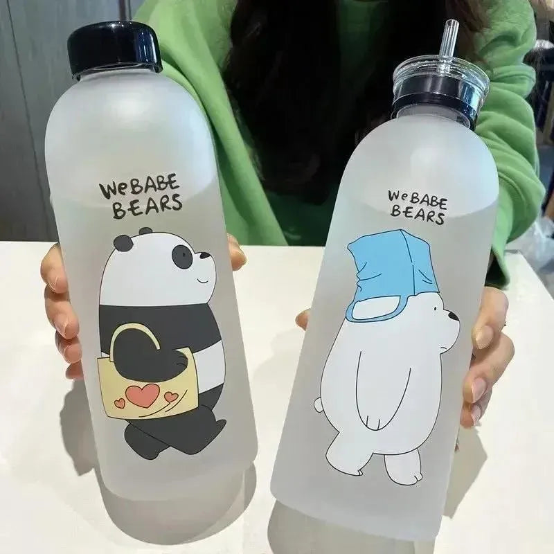 We Bear Panda Water Bottle 1000ml With Two Caps And Straw Durable Design For Daily Hydration And Easy Use (Random Design)