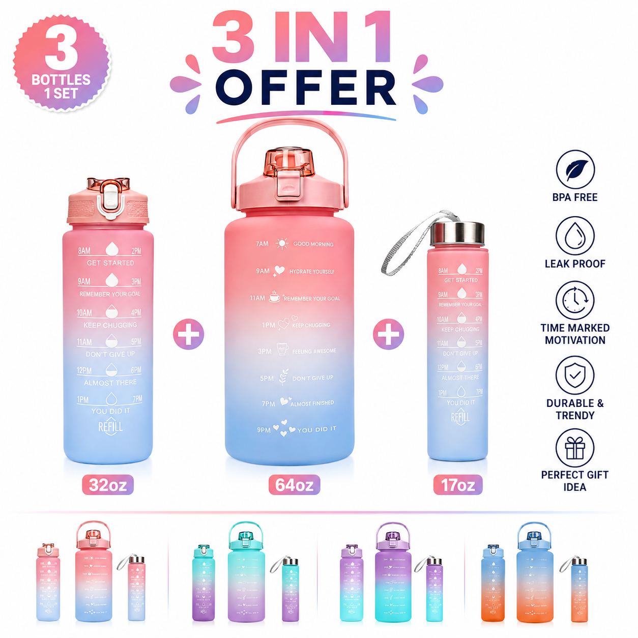 3-Piece Insulated Water Bottle Set for Gym & Office Use