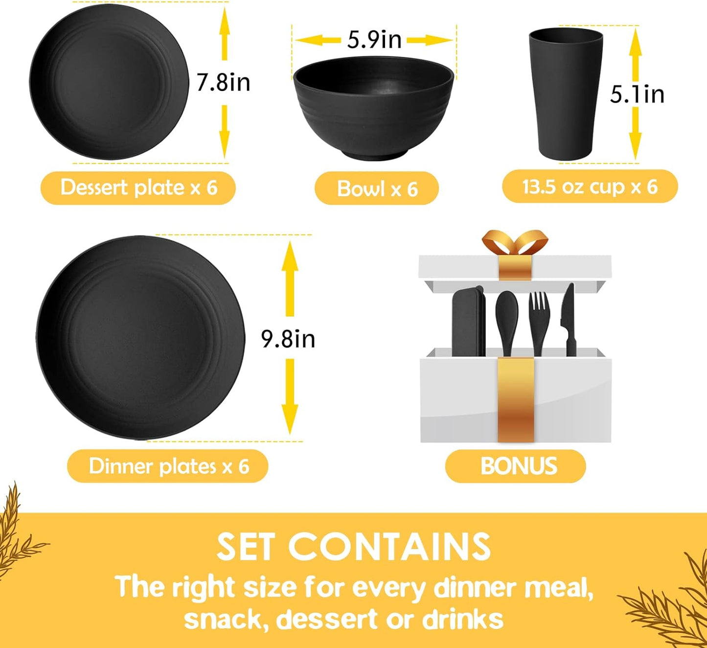 Kitchen Wheat Straw Dinnerware Set, Dinner Plates, Dessert Plate, Cereal Bowls, Cups, Unbreakable Plastic Outdoor Camping Dishes (Service for 6 (24 Piece with Flatware), Black)