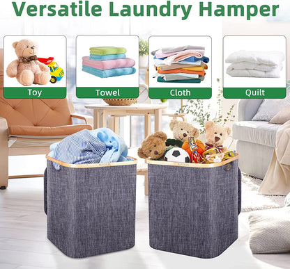 60L Laundry Hamper with Lid - Small Laundry Basket with Bamboo Handles, Dirty Clothes Hampers for Laundry with Lid, Collapsible Laundry Baskets for Clothes Storage and Bedroom Grey