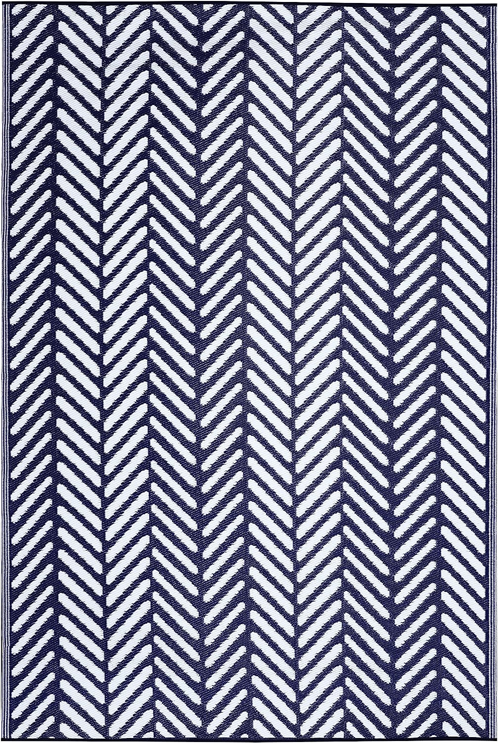 Outdoor Rug - Waterproof, Fade Resistant, Reversible - Premium Recycled Plastic - Herringbone - Large Patio, Deck, Sunroom, Camping, RV - Fresno - Navy Crease Free - 6 X 9 Ft