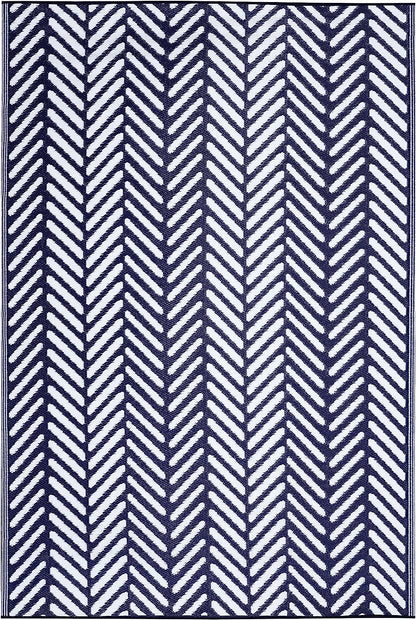 Outdoor Rug - Waterproof, Fade Resistant, Reversible - Premium Recycled Plastic - Herringbone - Large Patio, Deck, Sunroom, Camping, RV - Fresno - Navy Crease Free - 6 X 9 Ft