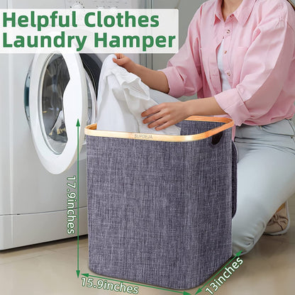 60L Laundry Hamper with Lid - Small Laundry Basket with Bamboo Handles, Dirty Clothes Hampers for Laundry with Lid, Collapsible Laundry Baskets for Clothes Storage and Bedroom Grey