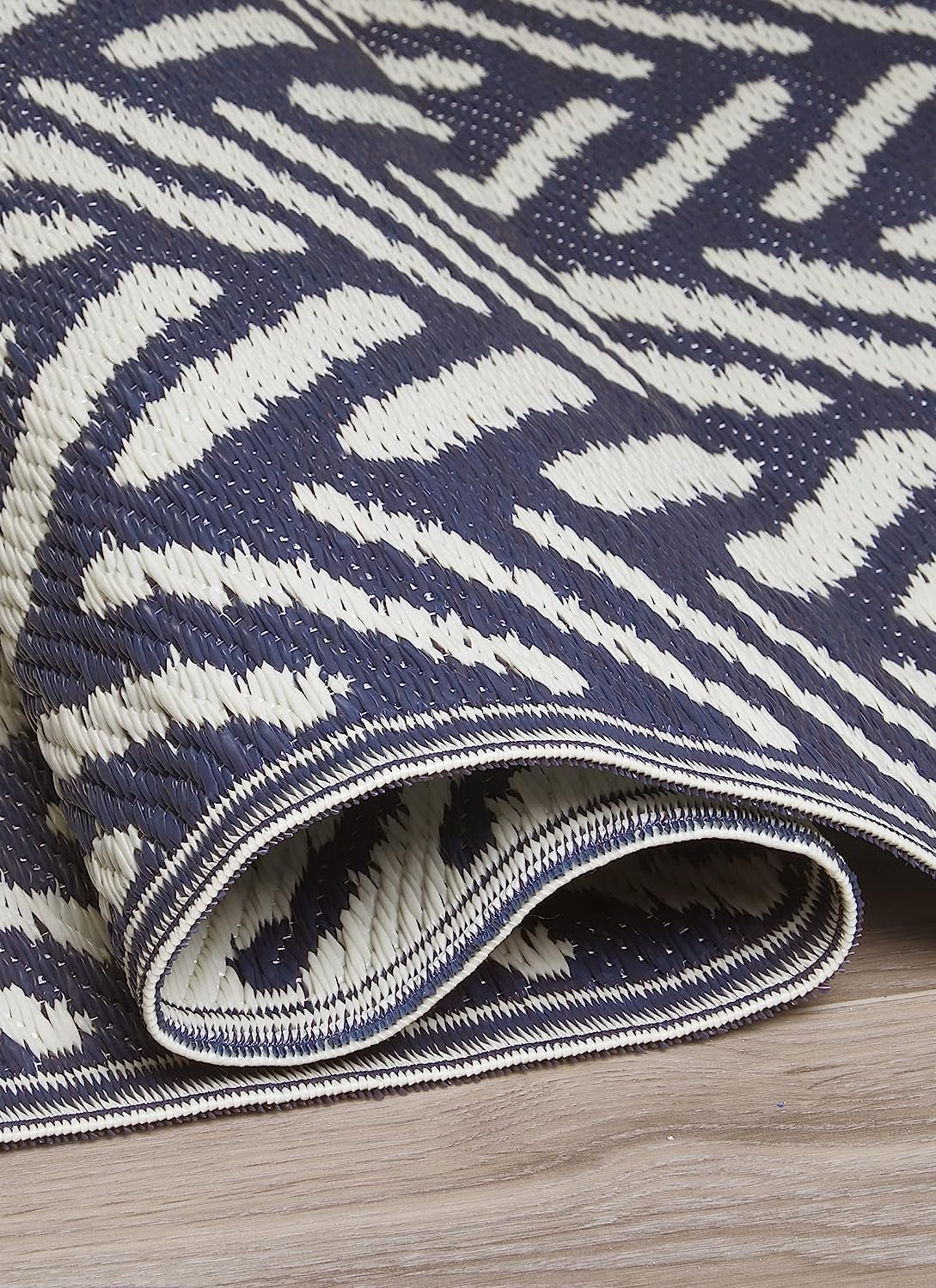 Outdoor Rug - Waterproof, Fade Resistant, Reversible - Premium Recycled Plastic - Herringbone - Large Patio, Deck, Sunroom, Camping, RV - Fresno - Navy Crease Free - 6 X 9 Ft