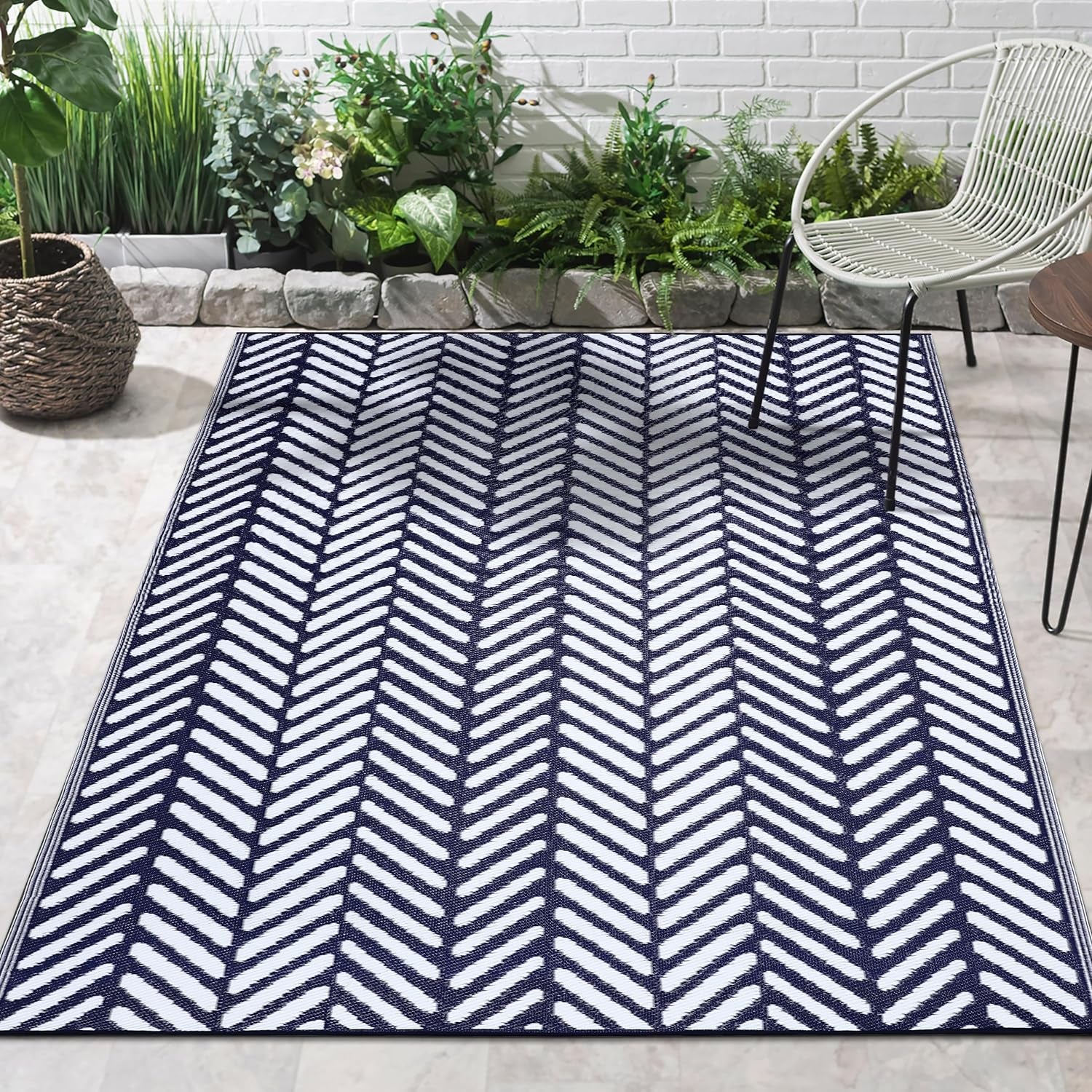 Outdoor Rug - Waterproof, Fade Resistant, Reversible - Premium Recycled Plastic - Herringbone - Large Patio, Deck, Sunroom, Camping, RV - Fresno - Navy Crease Free - 6 X 9 Ft