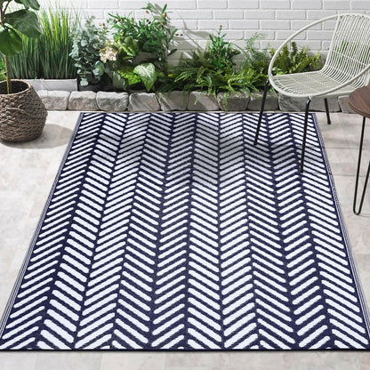 Outdoor Rug - Waterproof, Fade Resistant, Reversible - Premium Recycled Plastic - Herringbone - Large Patio, Deck, Sunroom, Camping, RV - Fresno - Navy Crease Free - 6 X 9 Ft