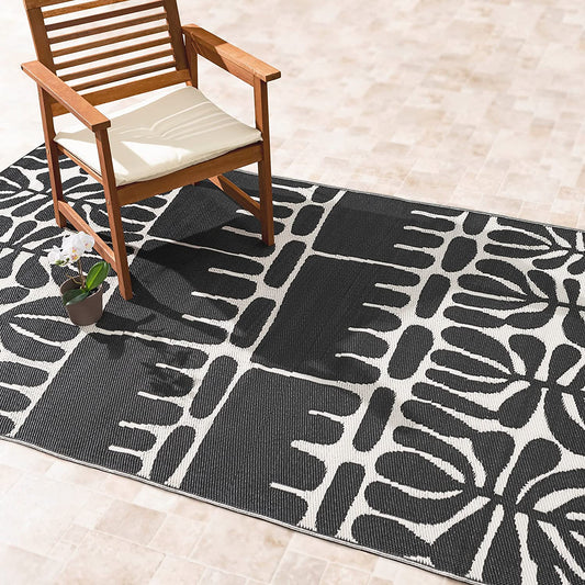 Tribal Matisse Outdoor Rug - Waterproof, Fade Resistant, Crease-Free, Reversible - Premium Recycled Plastic - Patio Porch Balcony Deck - Serowe Blackwhite - 8X10 Ft