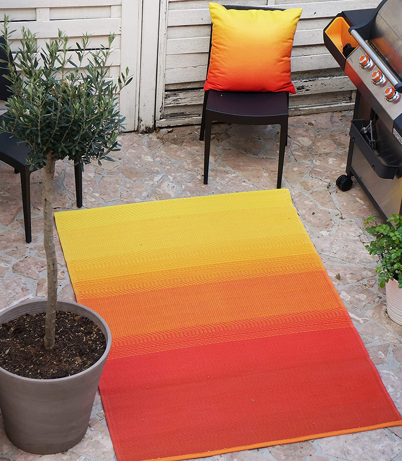 Outdoor Rug - Waterproof, Fade Resistant, Crease-Free - Premium Recycled Plastic - Ombre - Large Patio, Deck, Sunroom, Camping, RV - Big Sur - Sunset - 6 X 9 Ft