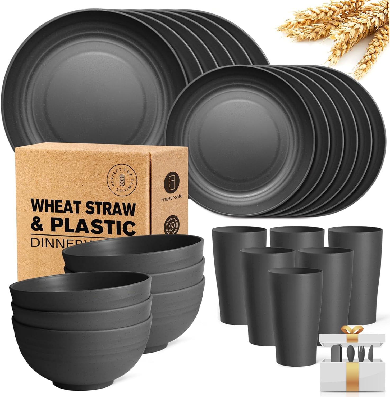 Kitchen Wheat Straw Dinnerware Set, Dinner Plates, Dessert Plate, Cereal Bowls, Cups, Unbreakable Plastic Outdoor Camping Dishes (Service for 6 (24 Piece with Flatware), Black)