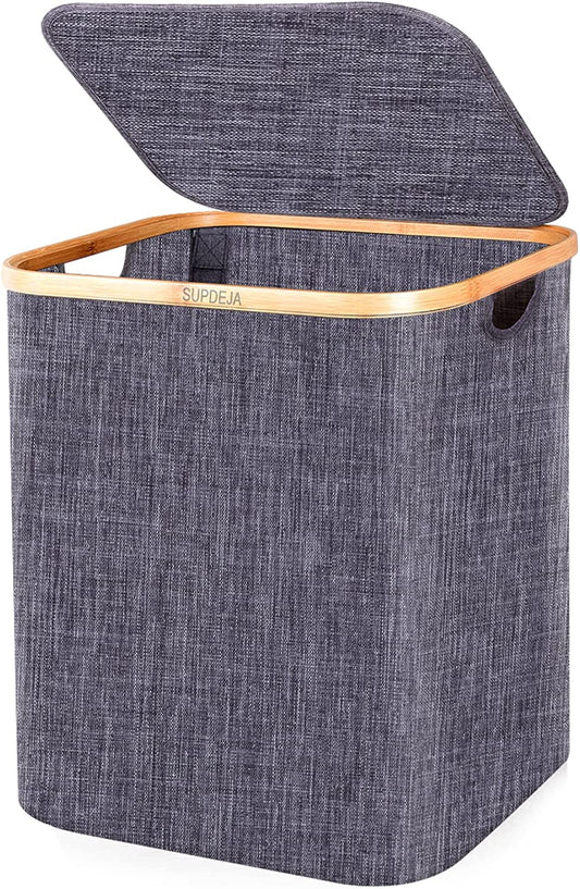 60L Laundry Hamper with Lid - Small Laundry Basket with Bamboo Handles, Dirty Clothes Hampers for Laundry with Lid, Collapsible Laundry Baskets for Clothes Storage and Bedroom Grey